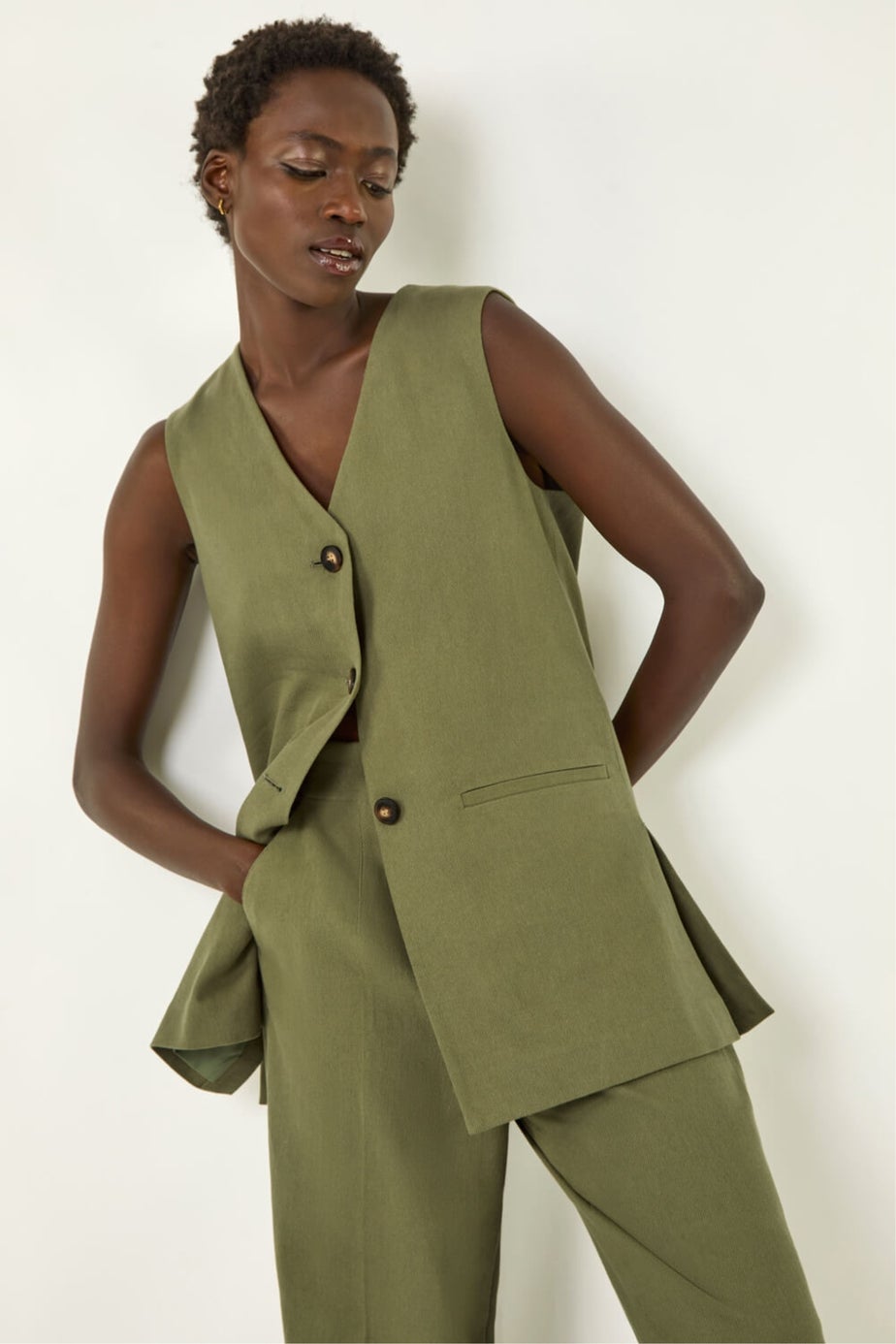 Roman Khaki Longline Button Waistcoat Jacket