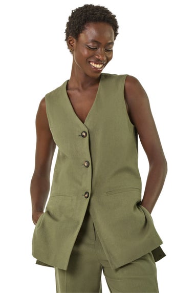 Roman Khaki Longline Button Waistcoat Jacket