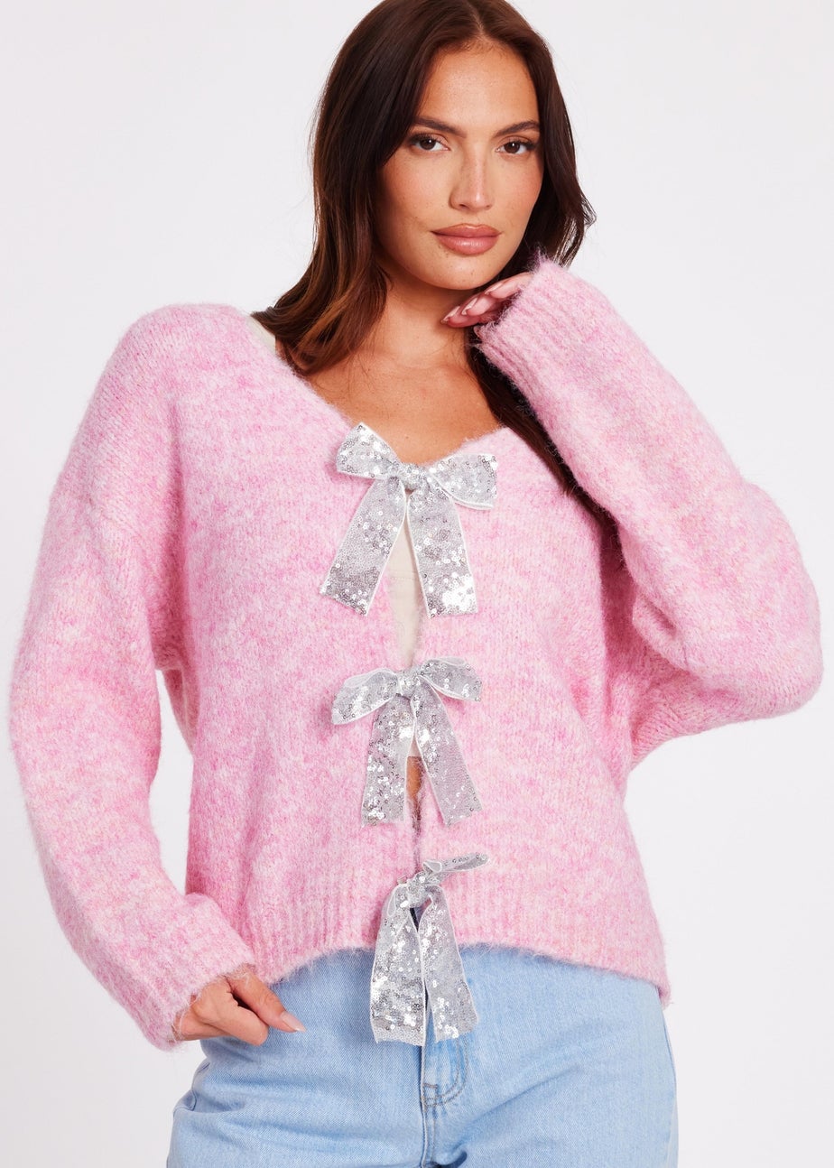 Quiz Pink Sequin Bow Cardigan