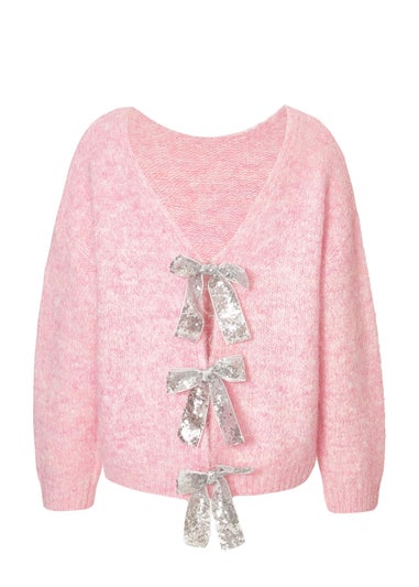 Quiz Pink Sequin Bow Cardigan