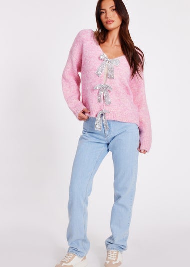 Quiz Pink Sequin Bow Cardigan