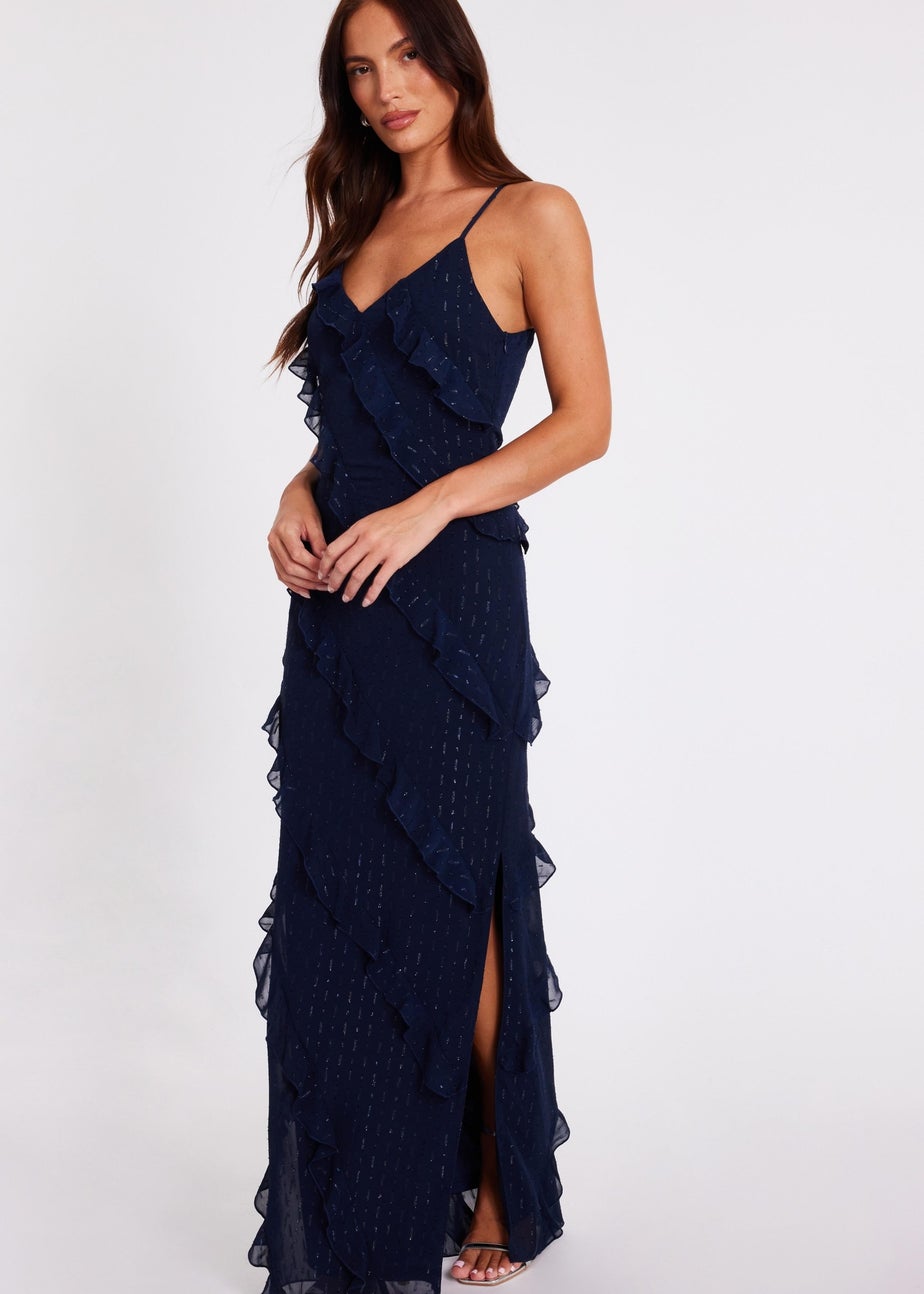 Quiz Navy Chiffon Ruffle Midaxi Dress