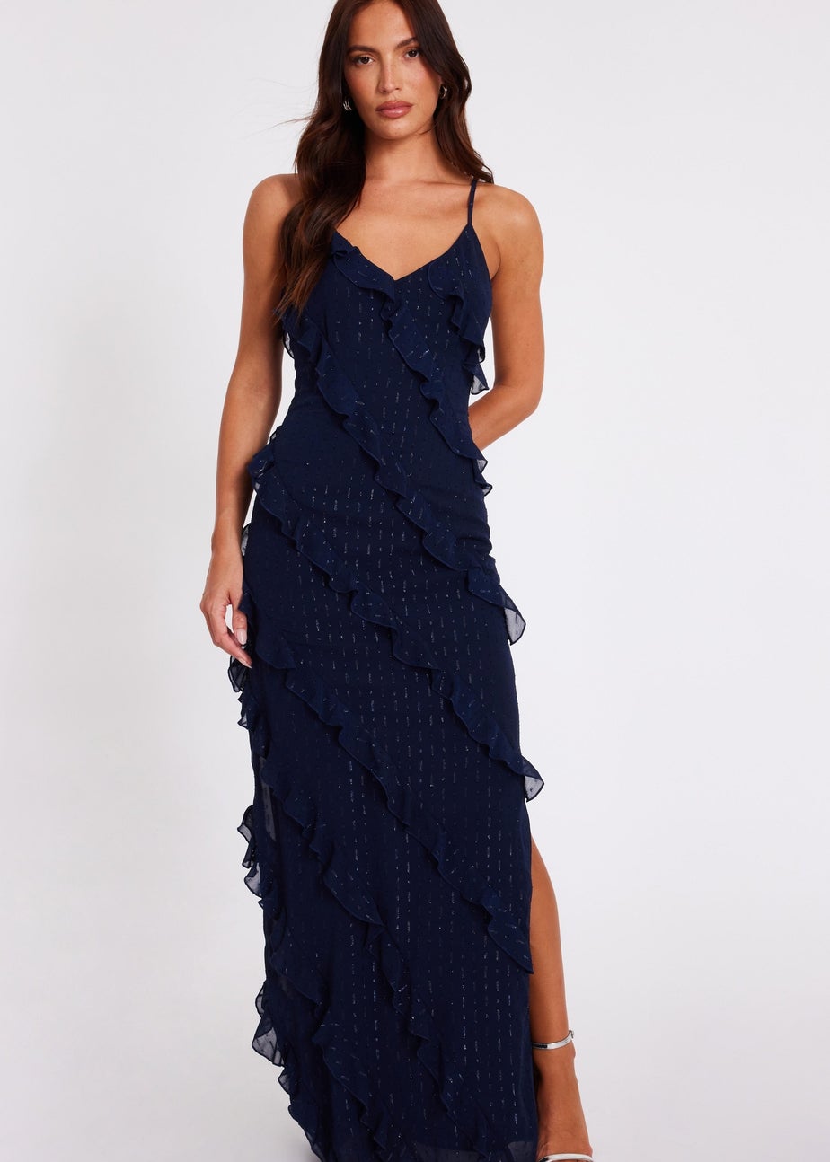 Quiz Navy Chiffon Ruffle Midaxi Dress