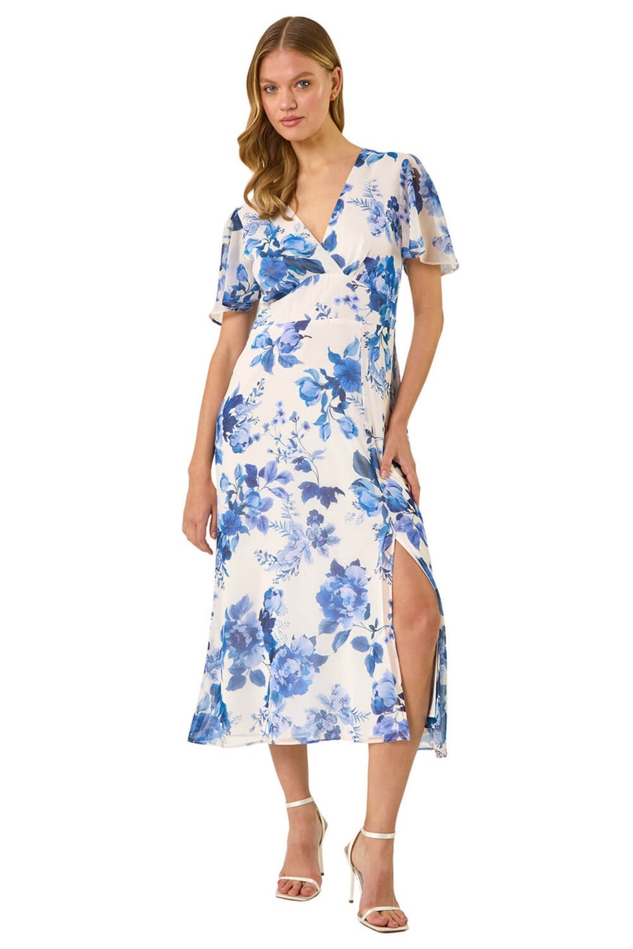 Roman White Floral Print V-Neck Midi Dress