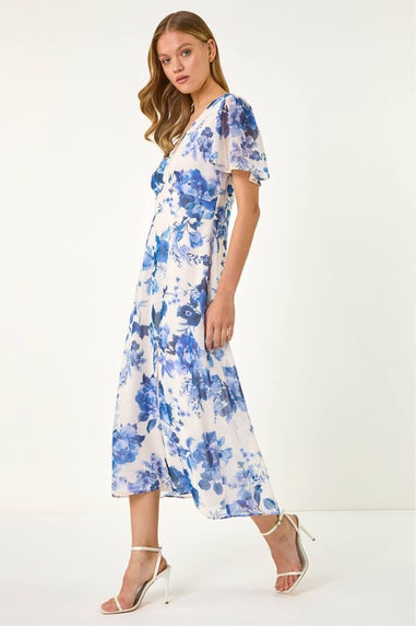 Roman White Floral Print V-Neck Midi Dress