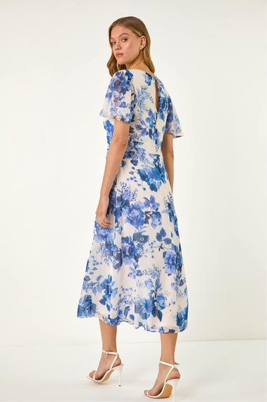 Roman White Floral Print V-Neck Midi Dress