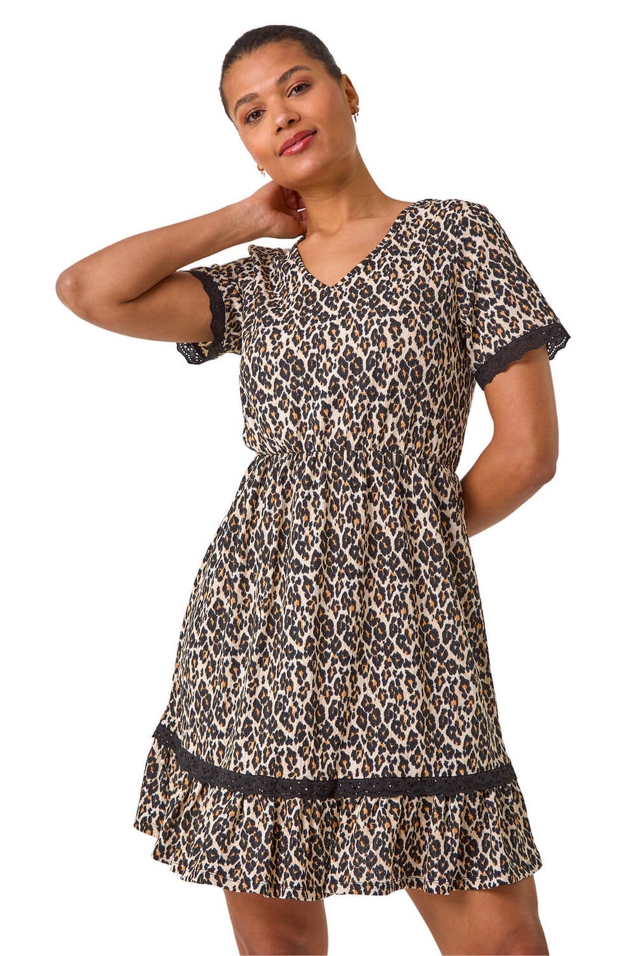 Roman Natural Animal Print Embroidered Stretch Short Dress