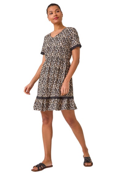 Roman Natural Animal Print Embroidered Stretch Short Dress