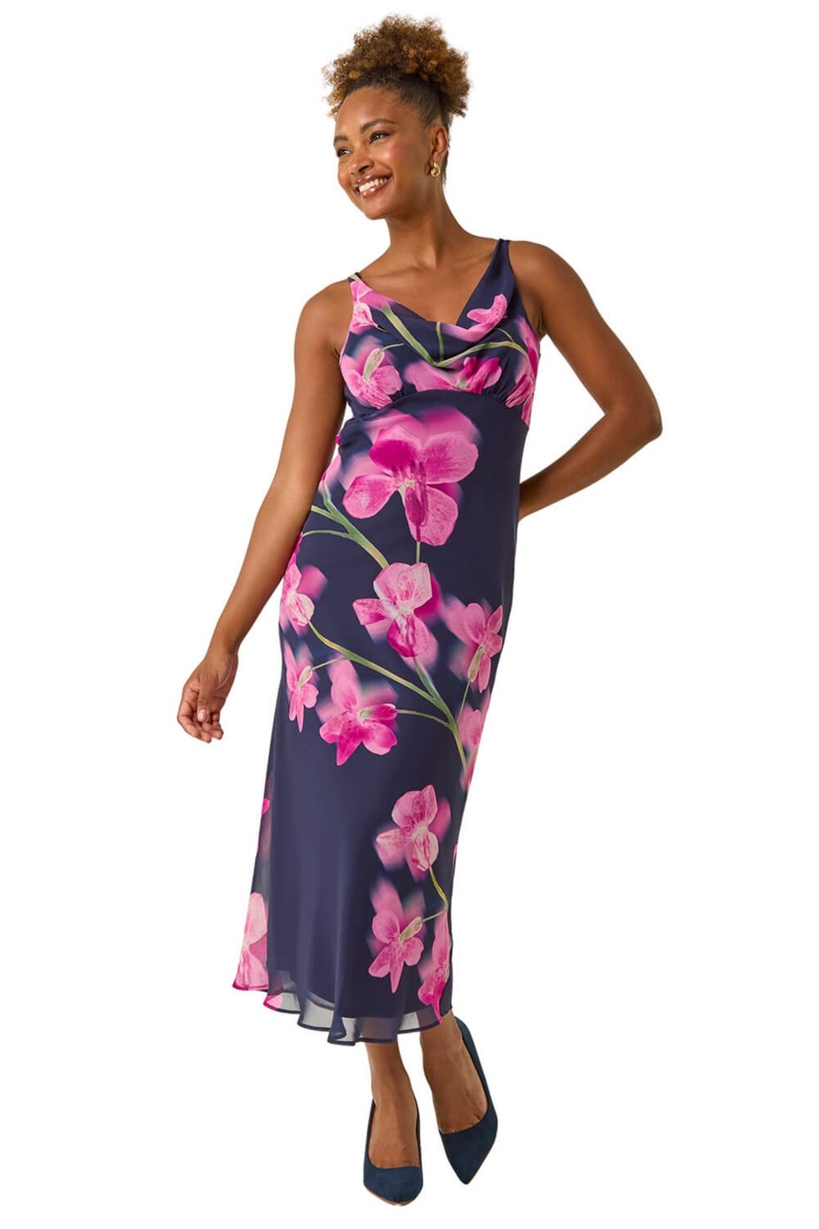 Roman Navy Floral Print Cowl Neck Midi Dress