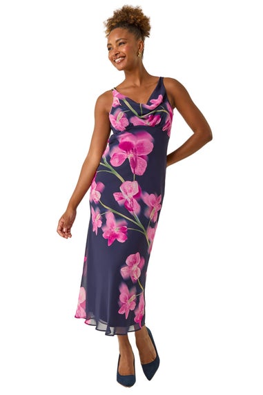 Roman Navy Floral Print Cowl Neck Midi Dress
