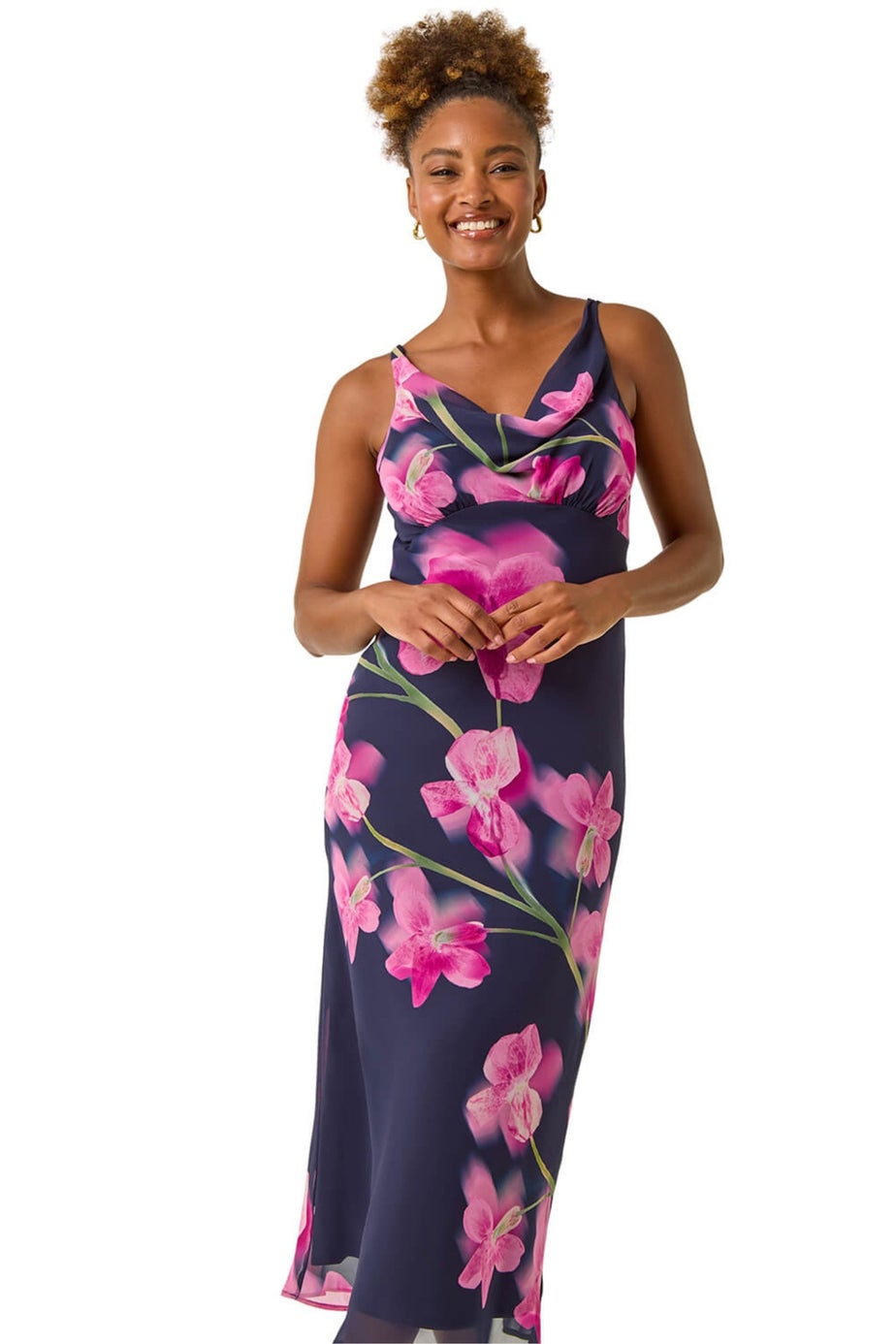 Roman Navy Floral Print Cowl Neck Midi Dress