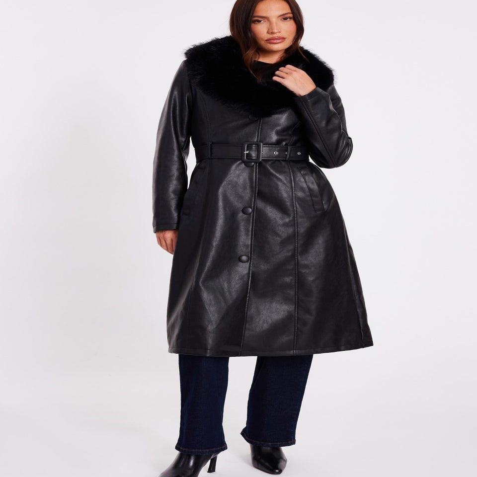 Quiz Black Faux Leather Trench Coat