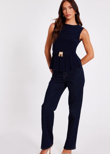 Quiz Navy Buckle Waist Top
