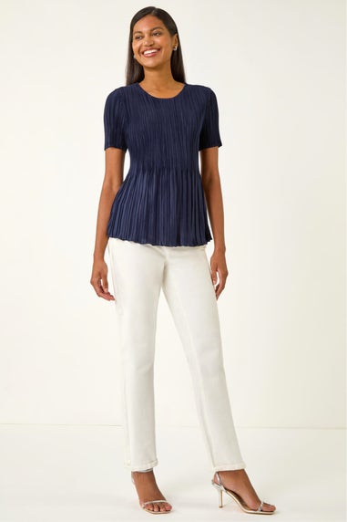 Roman Navy Plisse Short Sleeve Top