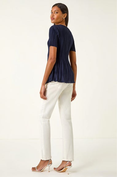 Roman Navy Plisse Short Sleeve Top