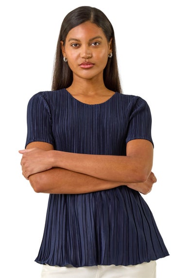 Roman Navy Plisse Short Sleeve Top