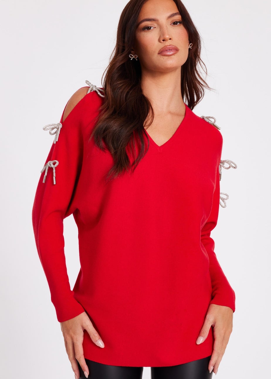 Quiz Red Diamante Bow Sleeve Jumper