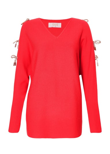 Quiz Red Diamante Bow Sleeve Jumper