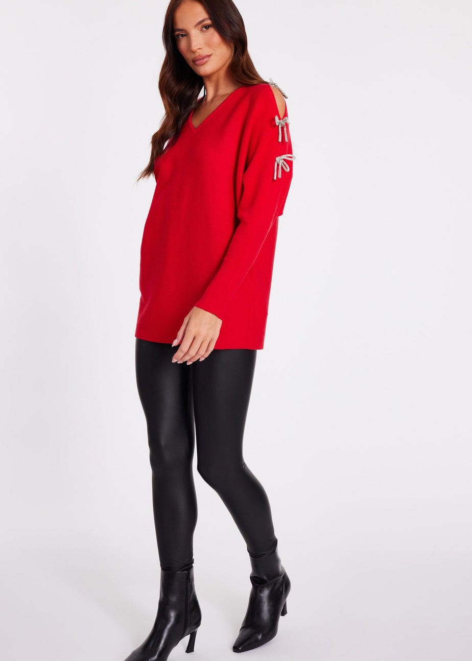 Quiz Red Diamante Bow Sleeve Jumper