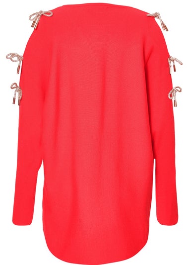 Quiz Red Diamante Bow Sleeve Jumper