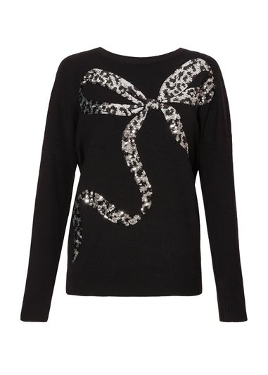 Quiz Black Sequin Bow Jumper