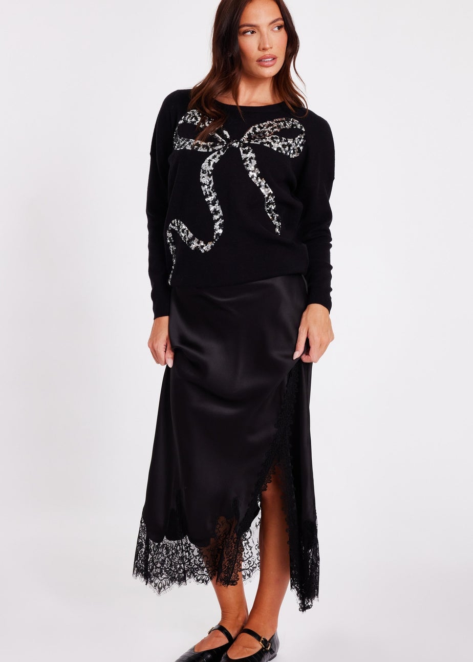 Quiz Black Sequin Bow Jumper