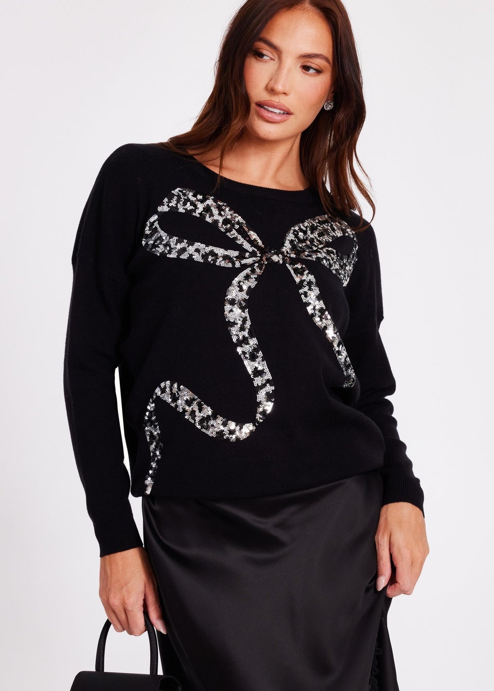 Quiz Black Sequin Bow Jumper