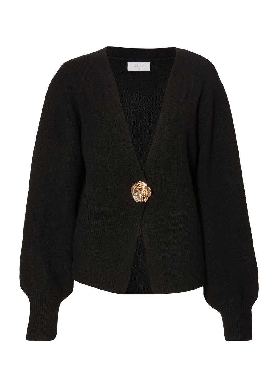 Quiz Black Knit Flower Button Cardigan