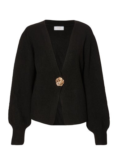 Quiz Black Knit Flower Button Cardigan