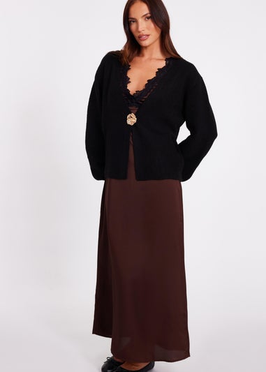 Quiz Black Knit Flower Button Cardigan