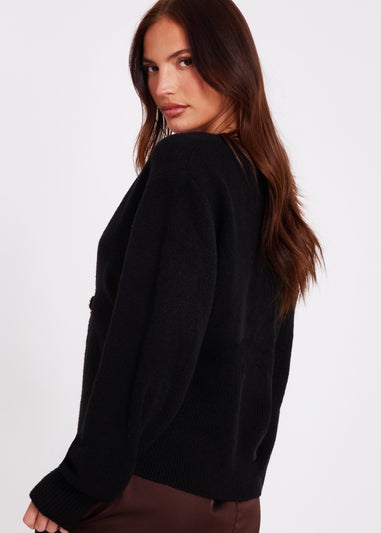 Quiz Black Knit Flower Button Cardigan
