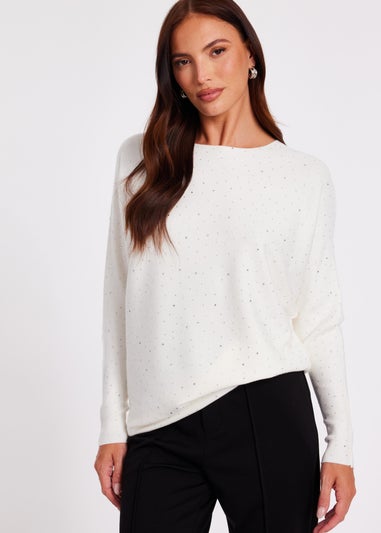 Quiz Cream Knitted Sequin Batwing Jumper