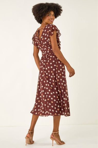 Roman Brown Spot Print V-Neck Frill Midi Dress