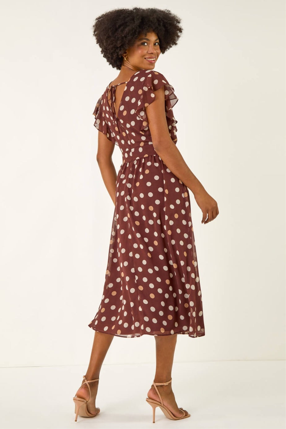 Roman Brown Spot Print V-Neck Frill Midi Dress