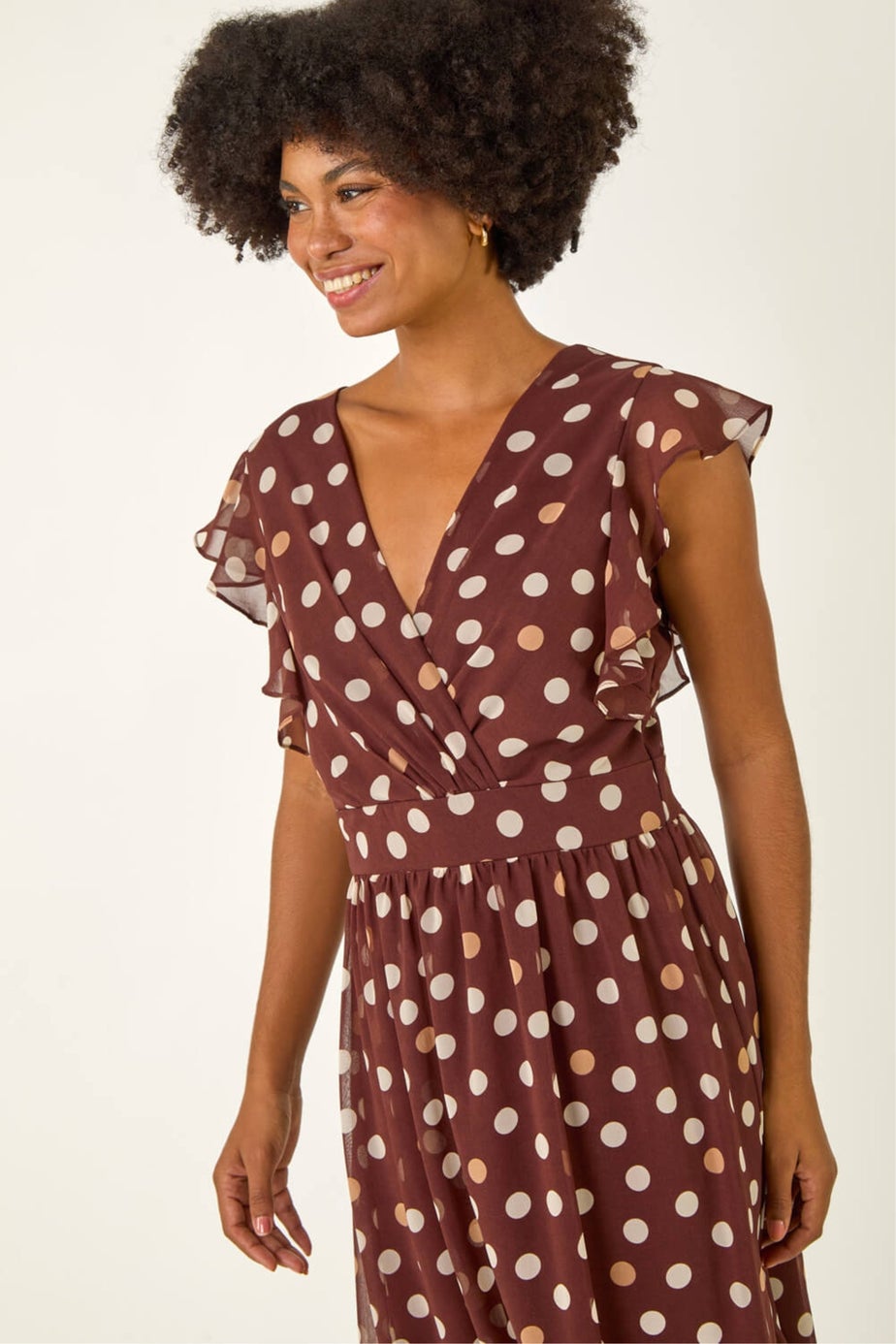 Roman Brown Spot Print V-Neck Frill Midi Dress