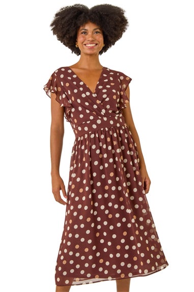 Roman Brown Spot Print V-Neck Frill Midi Dress
