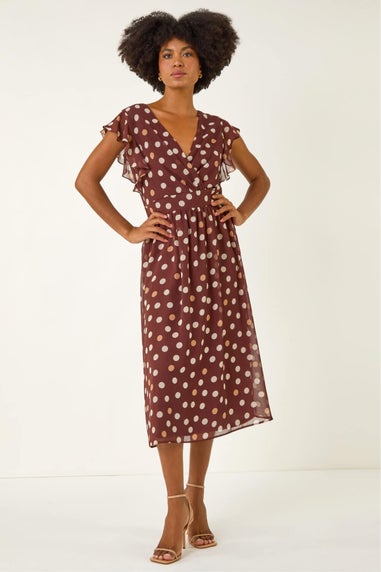 Roman Brown Spot Print V-Neck Frill Midi Dress
