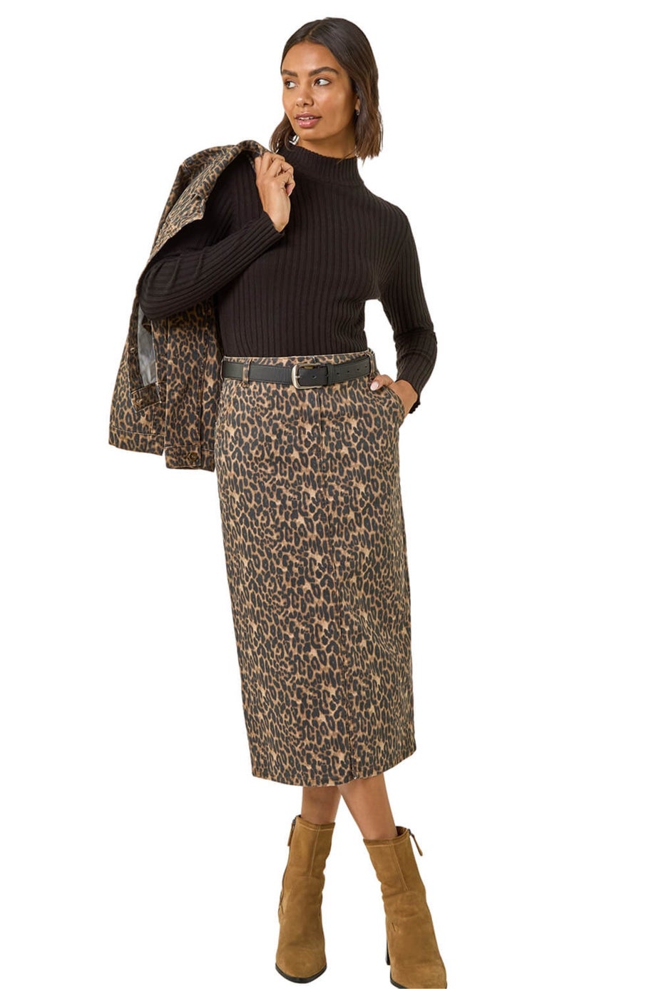 Roman Brown Animal Print Stretch Midi Skirt
