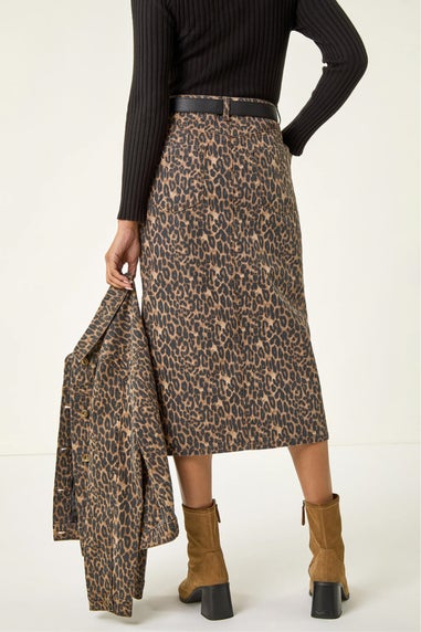 Roman Brown Animal Print Stretch Midi Skirt