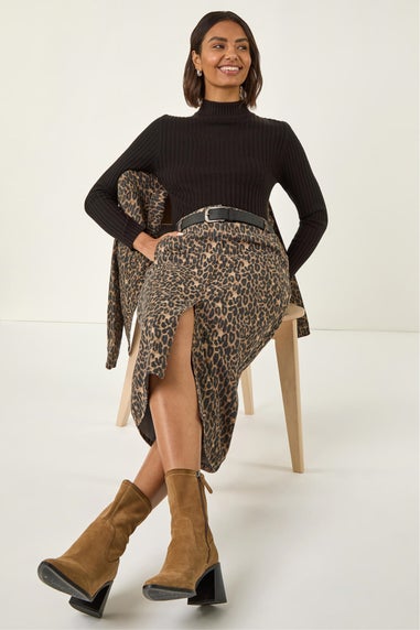 Roman Brown Animal Print Stretch Midi Skirt