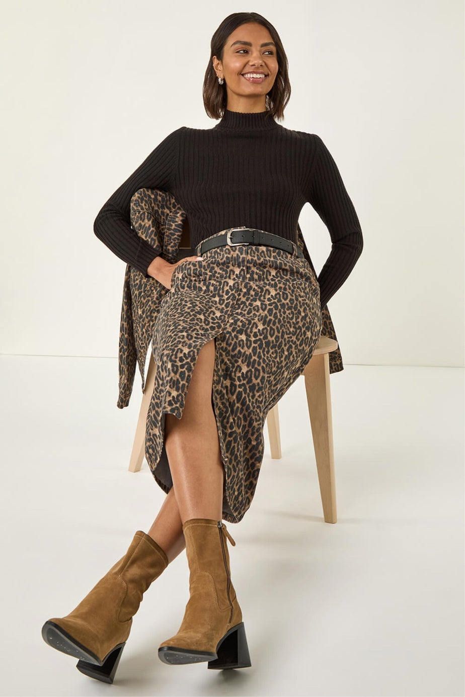 Roman Brown Animal Print Stretch Midi Skirt
