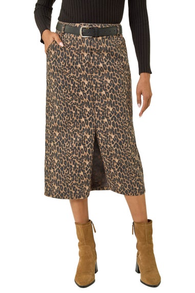 Roman Brown Animal Print Stretch Midi Skirt