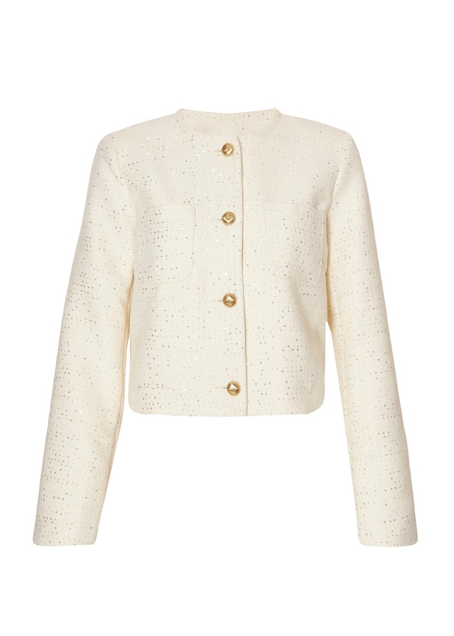 Quiz Cream Boucle Sequin Cropped Jacket