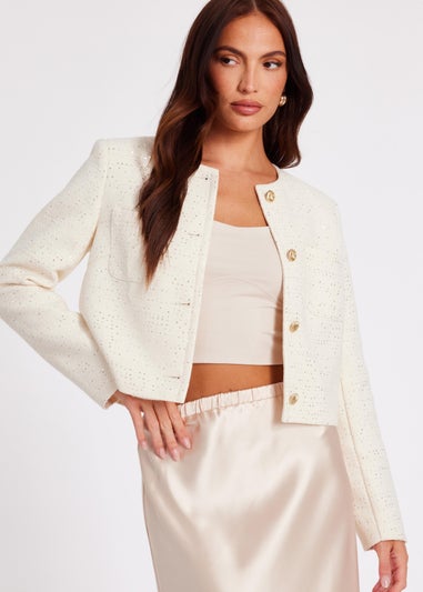 Quiz Cream Boucle Sequin Cropped Jacket