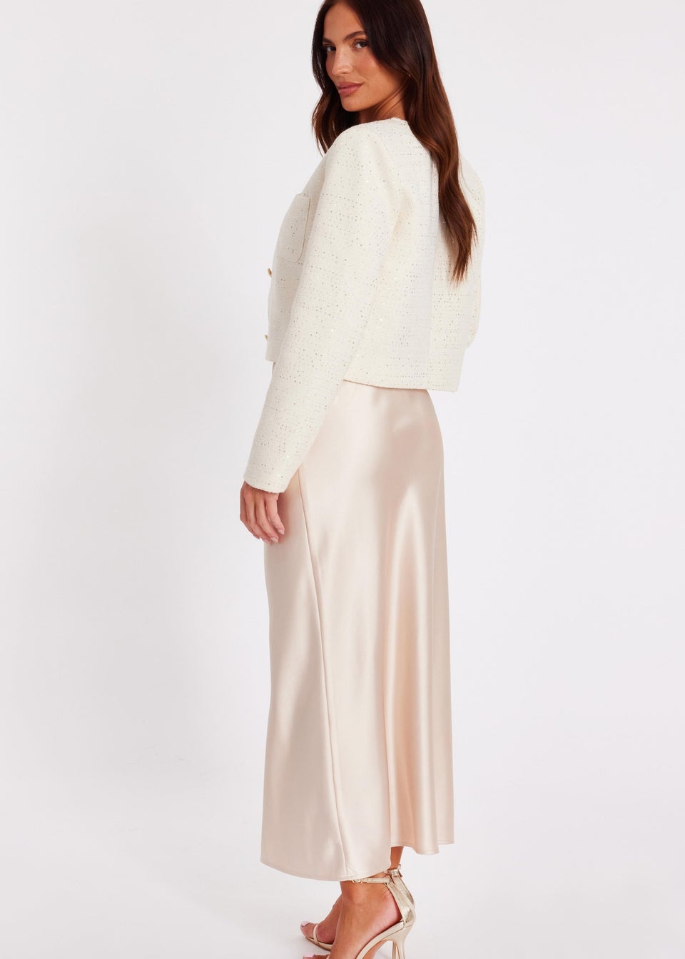 Quiz Cream Boucle Sequin Cropped Jacket