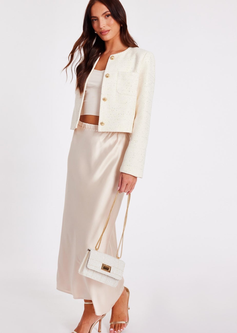Quiz Cream Boucle Sequin Cropped Jacket