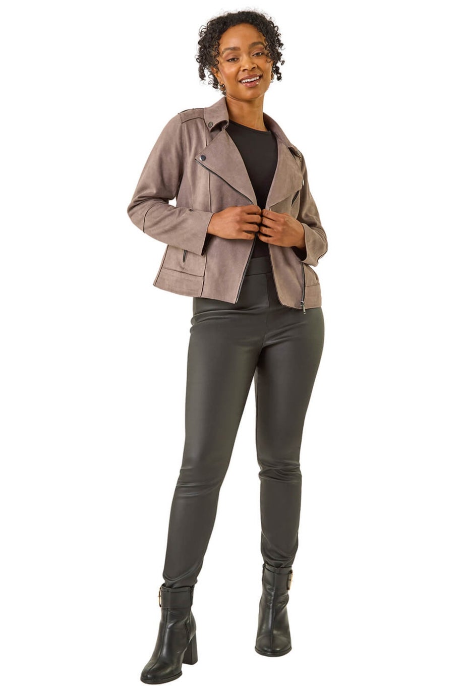 Roman Mocha Petite Suedette Biker Jacket
