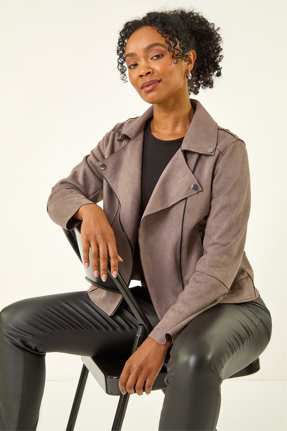 Roman Mocha Petite Suedette Biker Jacket