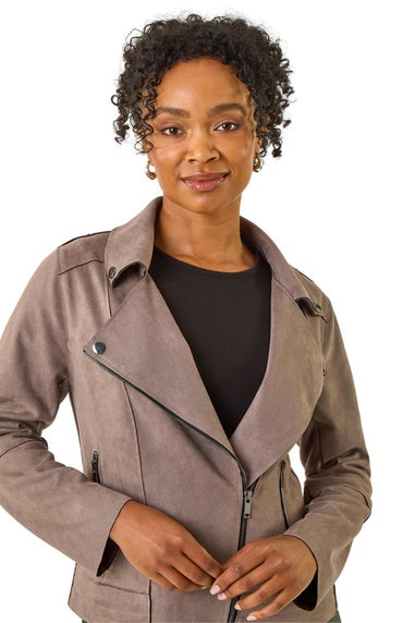 Roman Mocha Petite Suedette Biker Jacket