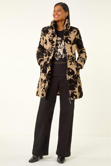 Roman Cream Floral Flock Detail Padded Coat
